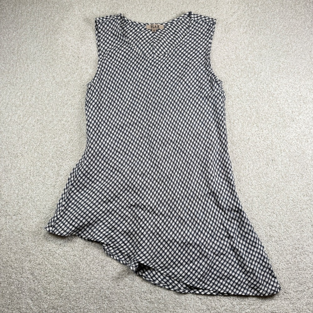 FLAX Sleeveless Top Womens Medium Blue‎ Gingham 100% Linen Asymmetrical Hem Tank